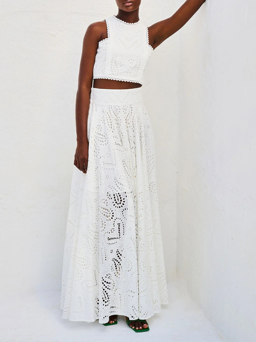 Romantic Hollow Embroidery Sleeveless Crop Top High Waist Flared Maxi Skirt Co Ord Set