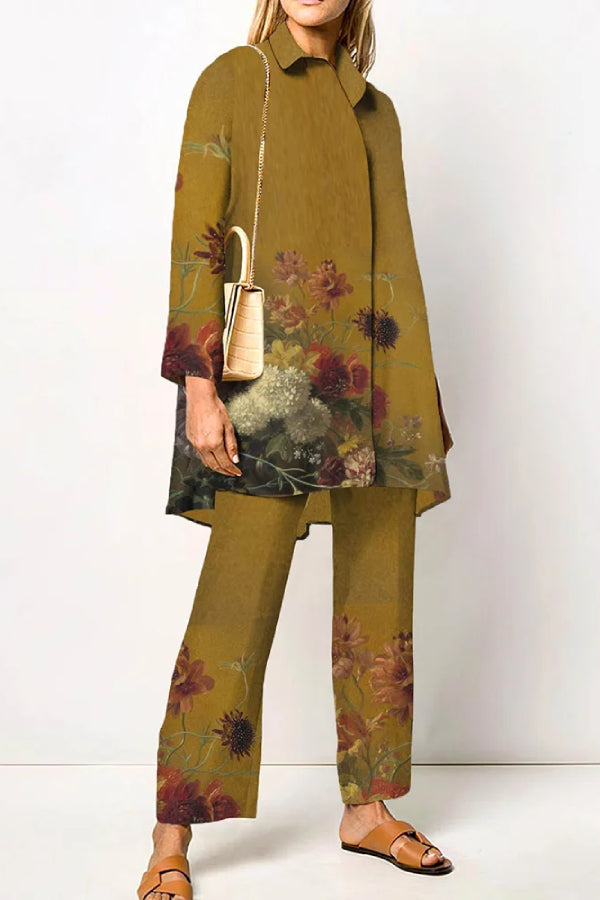 Vintage Flower Elegant Shirt Two Piece Set