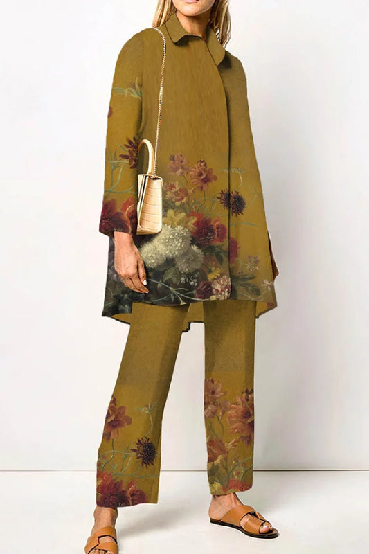 Vintage Flower Elegant Shirt Two Piece Set