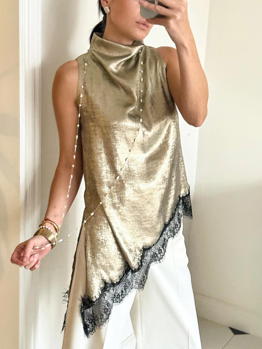 Draped Cowl Neck Sleeveless Asymmetric Hem Shiny Satin Blouse