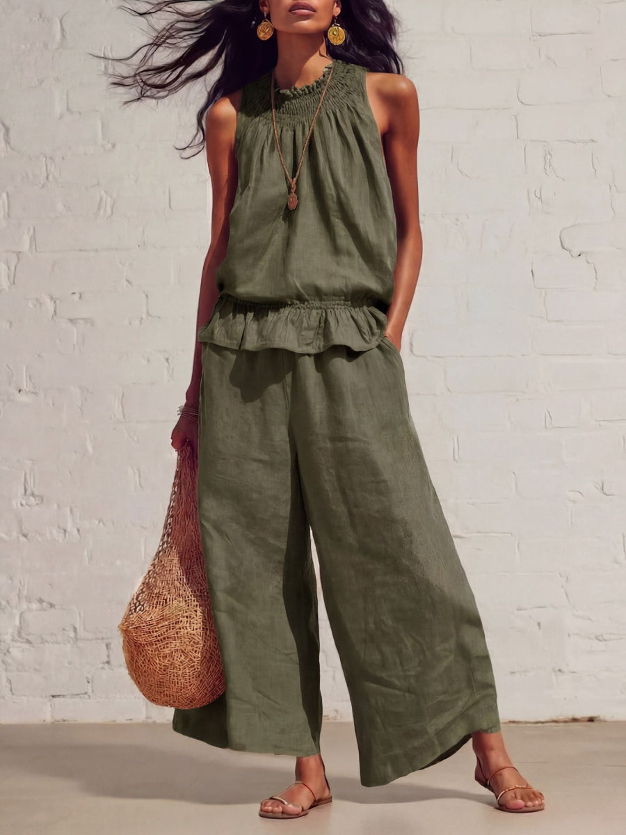 Linen Smocked Neck Ruffle Hem Tank Top Wide Leg Pants Two Piece Matching Set