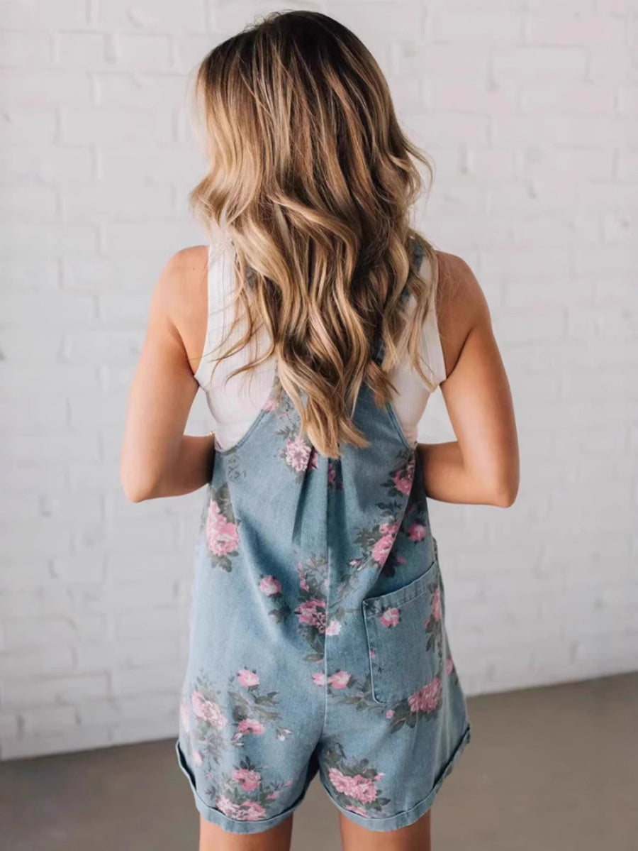 Relaxed Fit Floral Denim Short Overalls Adjustable Shoulder Straps Casual Romper