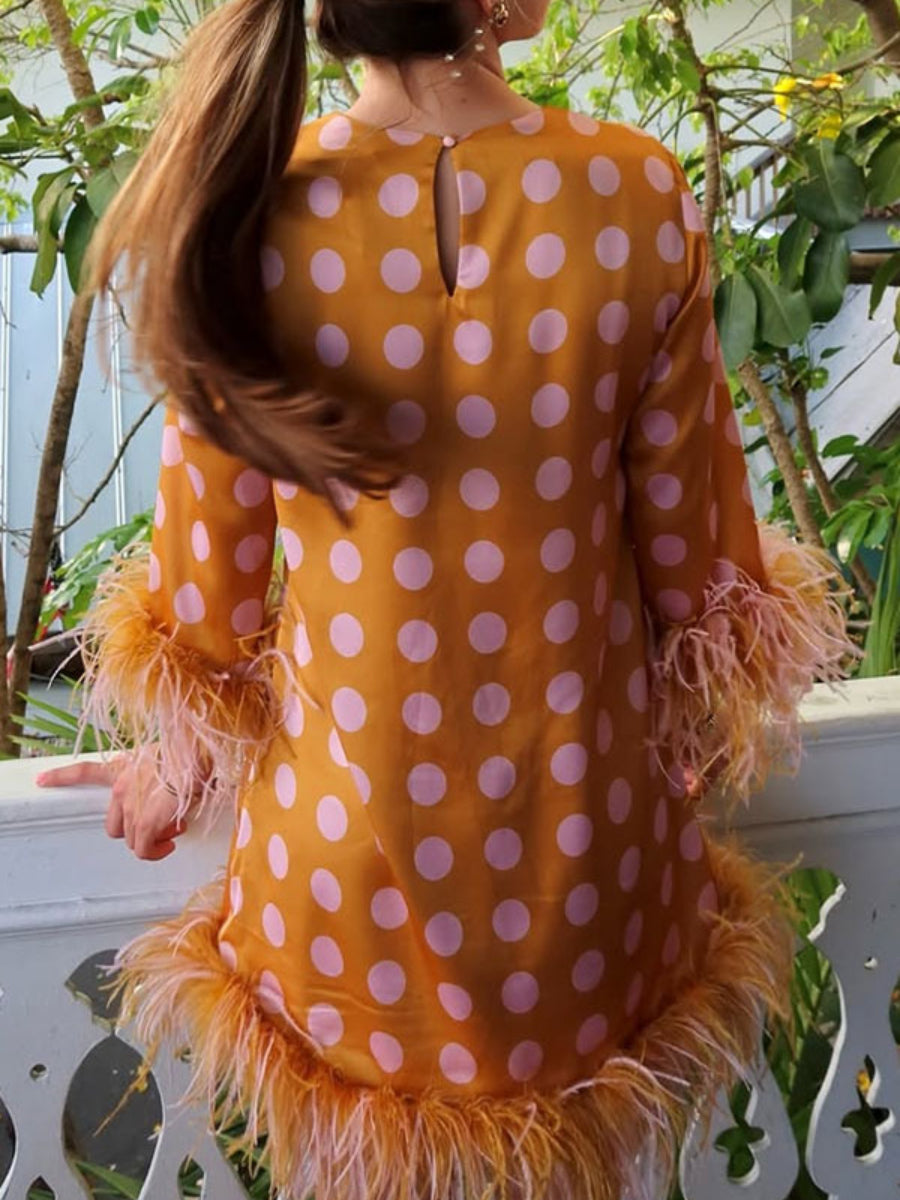 Orange Pink Polka Dot Long Sleeve Ombre Feather Fringe Mini Satin Dress
