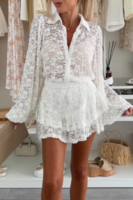 Elegant Puff Sleeve Lapel Shirt Ruffled Skirt Suit
