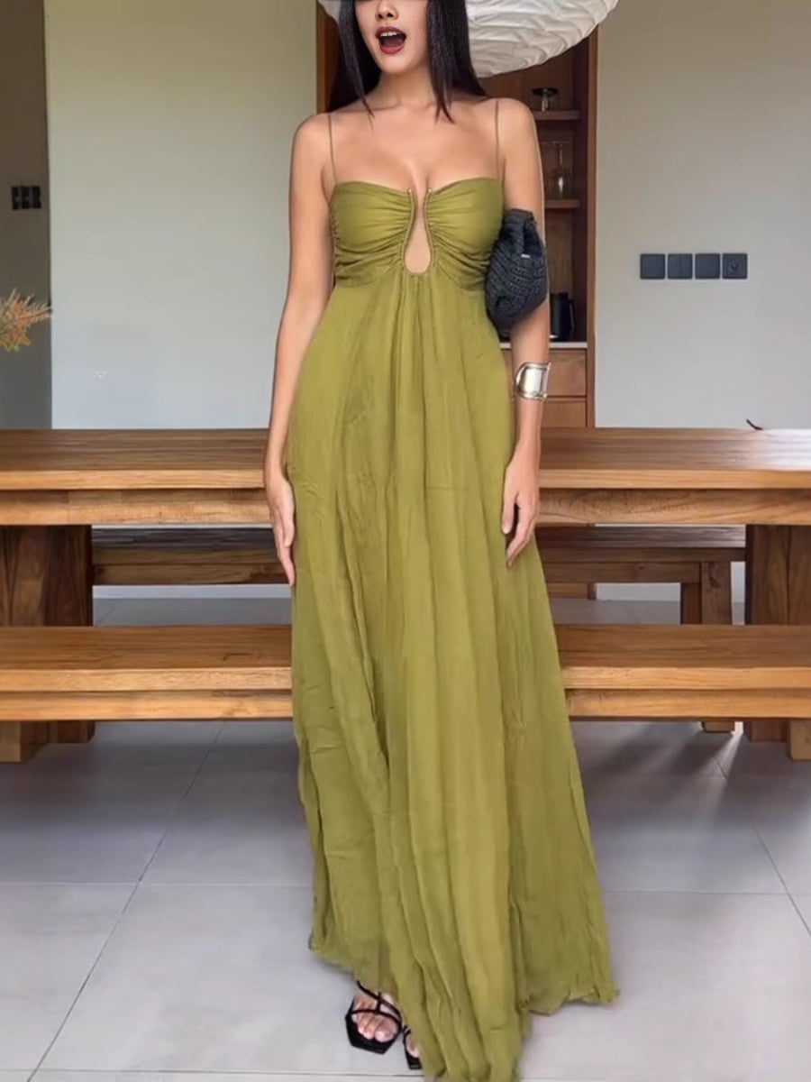 Olive Green Thin Strap Keyhole Cutout Ruched Bust Flowy Chiffon Maxi Dress
