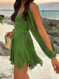 V-neck lantern sleeve hollow shoulder mini dress