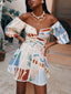 Colorful Scenic Print Off Shoulder A Line Mini Dress for Beach Holiday