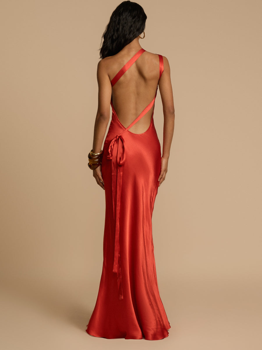 Women Glossy Silk Square Neck Single Spaghetti Strap Draped Flowy Mermaid Wedding Guest Formal Dress