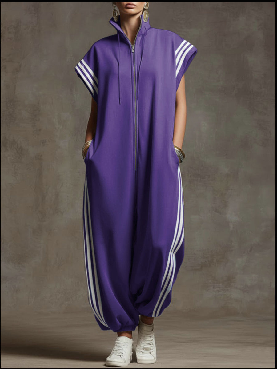 Three Stripe Sleeveless Zip Up Oversized Jogger Jumpsuit