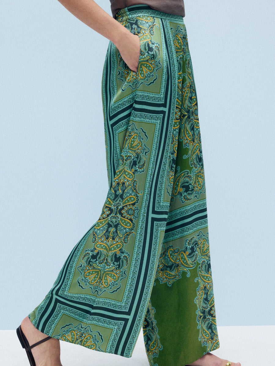 Green Border Paisley Print Asymmetrical One Shoulder Satin Top Wide Leg Pants Two Piece Co-ord Pants Set