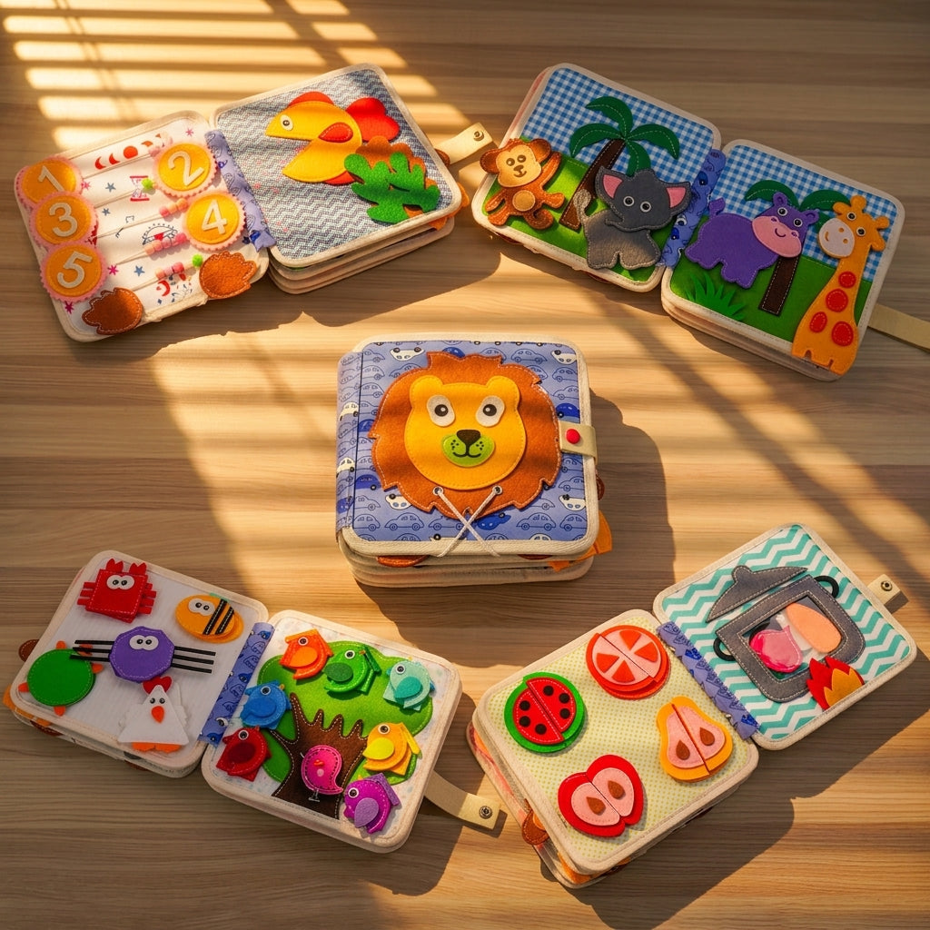 Lion Adventure Quiet Book — Counting Beads, Feed-the-Fish & Safari Animals