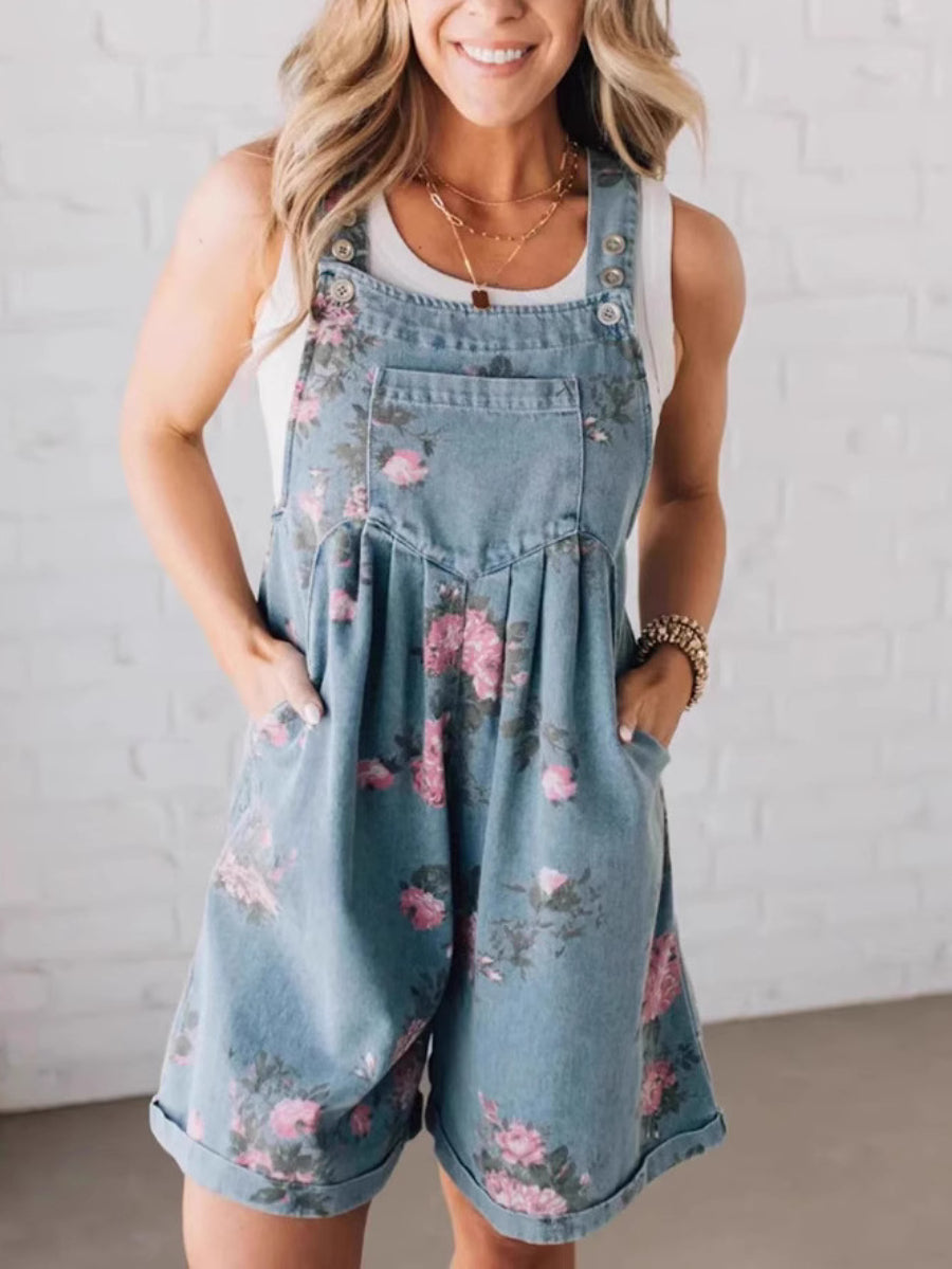 Relaxed Fit Floral Denim Short Overalls Adjustable Shoulder Straps Casual Romper