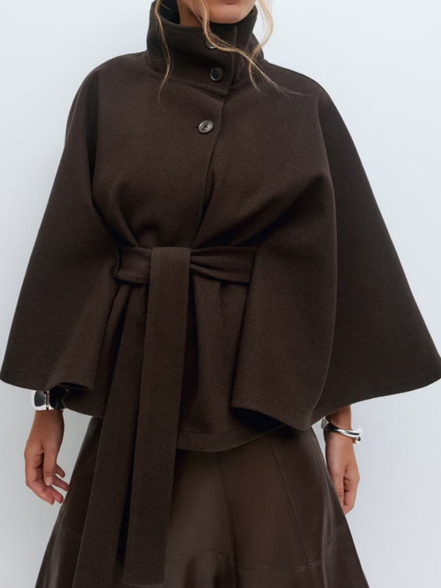 Solid color cape stand-up collar button-down belt trench coat