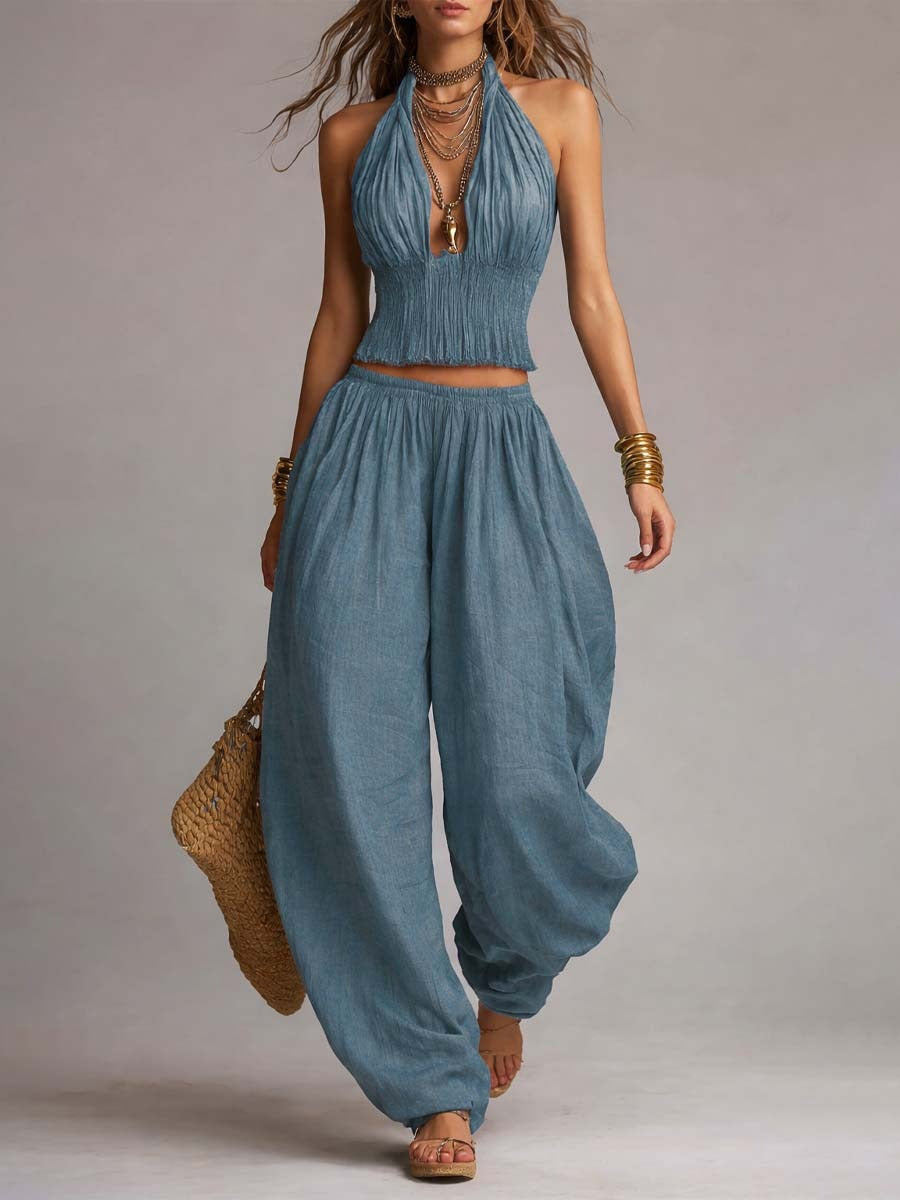 Linen Halter Ruched Smocked Crop Top Harem Wide Leg Pants Two Piece Matching Set