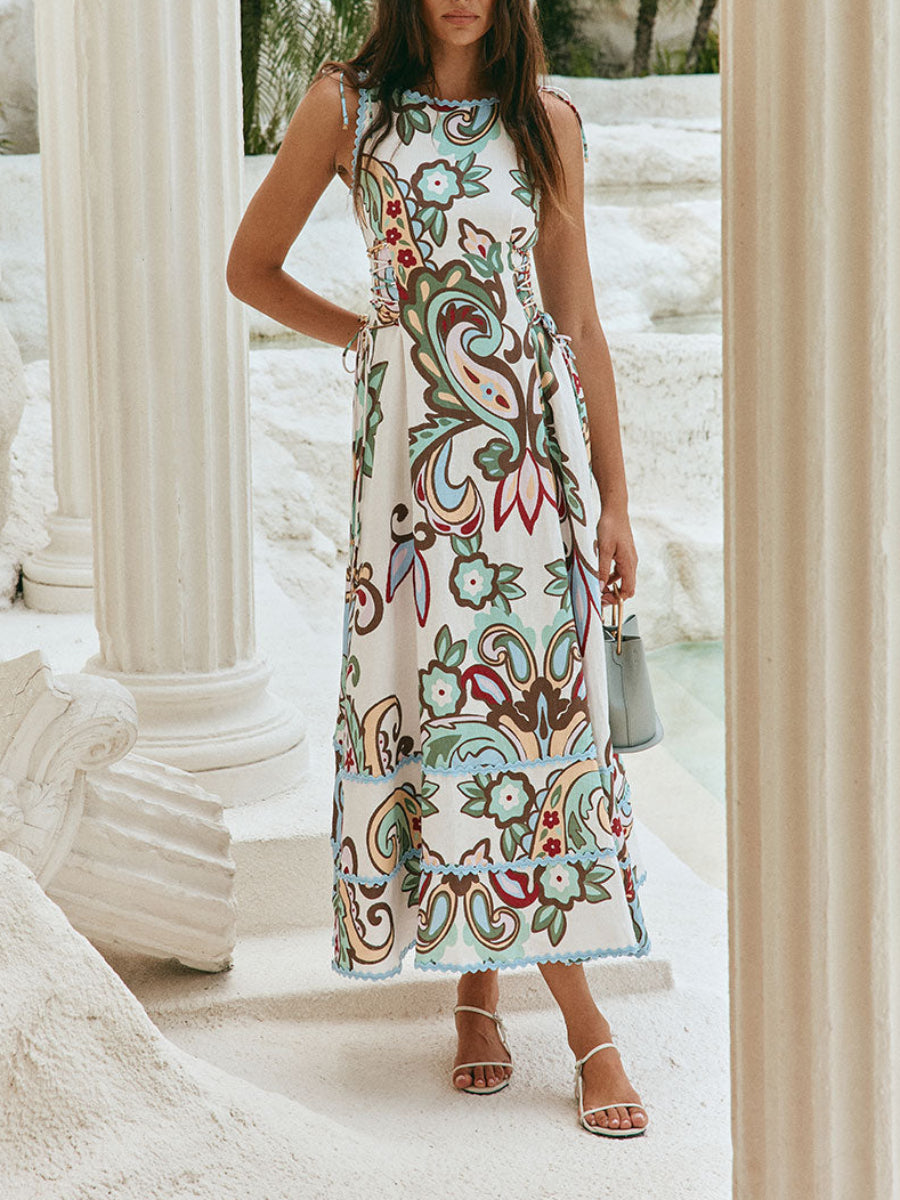 Vintage Paisley Floral Print Scalloped Lace Trim Side Lace Up Midi Sundress