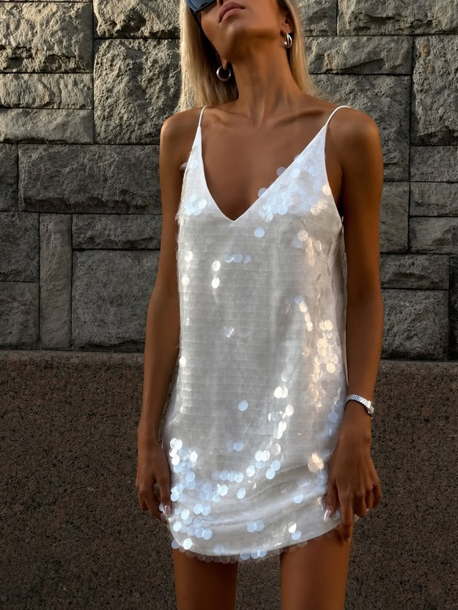 Women Shiny Oversized Paillette Sleeveless Short Club Dress Image principale du produit