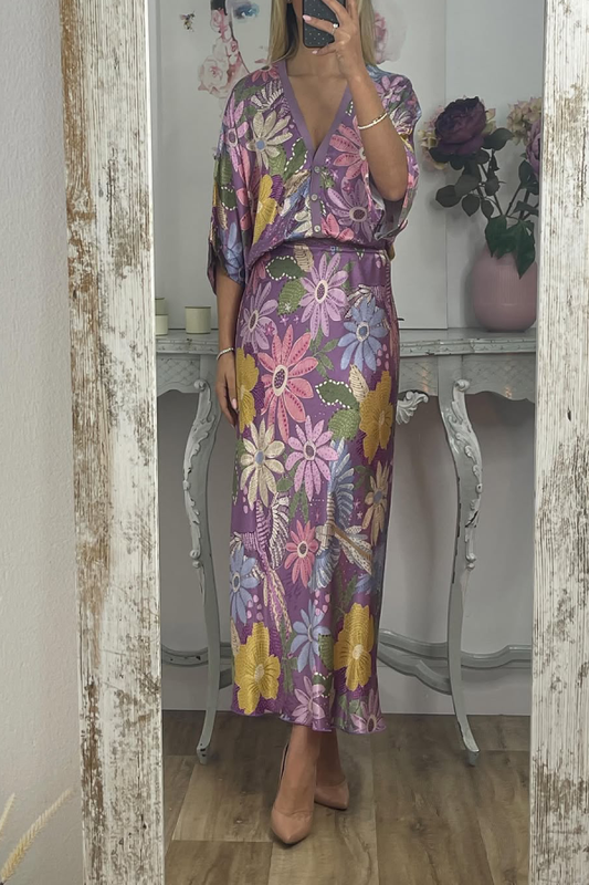 Exquisite Satin Floral Print Off-shoulder Shirt and Fishtail Skirt