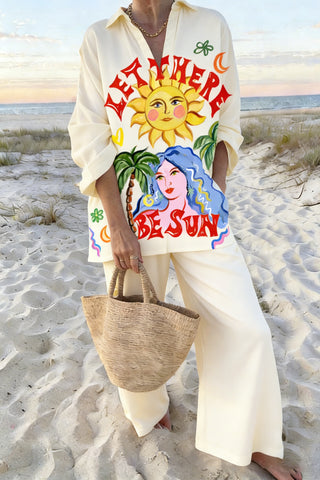 Women's Cream "Let There Be Sun" Graphic 2-Piece Co-Ord Set - Oversized Shirt & Wide Leg Pants for Summer Beach Vacation