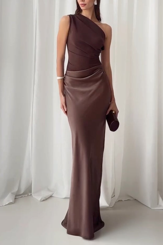 Women's Chocolate Brown One Shoulder Satin Maxi Dress - Ruched Waist Formal Gown for Evening Party & Wedding Guest