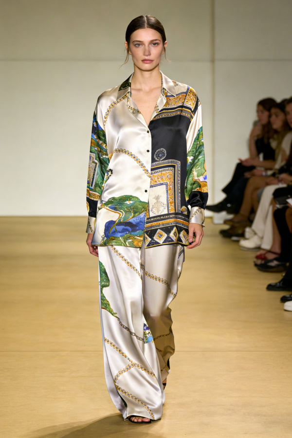 Women's Silk Satin Scarf Print 2-Piece Co-Ord Set - Oversized Shirt & Wide Leg Pants for Runway-Inspired Formal Cocktail Event