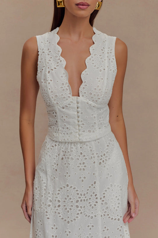 Women's White Eyelet Embroidery 2-Piece Midi Set - Sleeveless Crop Top & Scalloped Hem Midi Skirt for Summer Beach Vacation