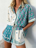 Green Purple Patchwork Paisley Star Print Shirt Short Two Piece Matching Co-ord Set