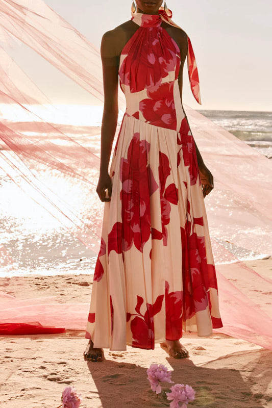 Women's Red Floral Print Halter Neck Maxi Dress - Sleeveless Bow Tie Waist Pleated Gown for Wedding Guest & Summer Events