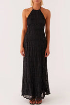 Women's Ivory Textured Halter Neck Maxi Dress - Sleeveless Ruffled Gown for Bridal Shower & Beach Wedding