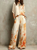 Cream Orange Vintage Floral Boho Two Piece Matching Suit