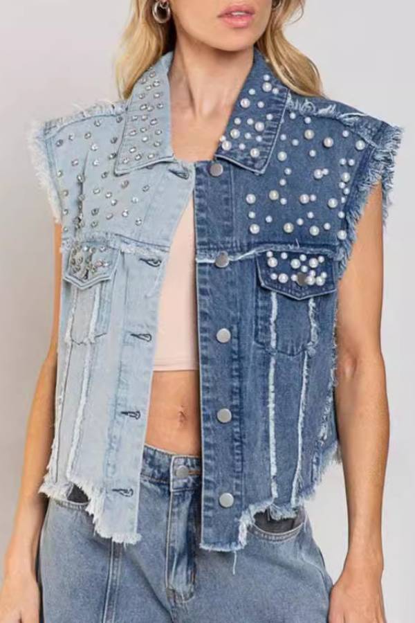 Splicing nail bead loose women's short denim jacket Hauptbild