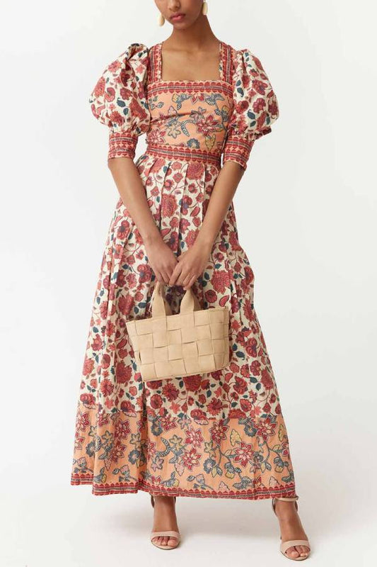 Retro Ethnic Floral Print Puff Sleeve Top and Skirt Two-Piece Set