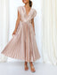 Minimalist Solid Champagne Pleated Satin Deep V Neck Flowy Midi Dress