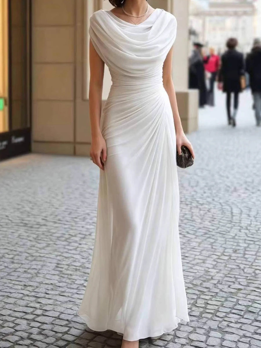Chiffon Draped Cowl Neck Sleeveless Ruched Side Flowy Floor Length Maxi Evening Gown