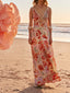 Pink Watercolor Floral Print Scalloped Lace Trim Cutout Waist Spaghetti Strap Maxi Dress