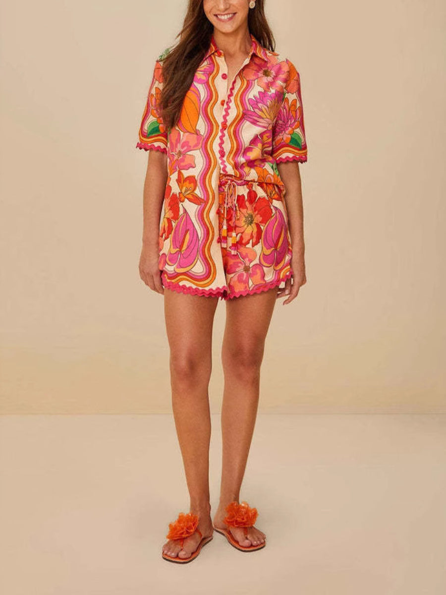 Vintage Psychedelic Floral Scallop Hem Shirt Drawstring Relaxed Fit Shorts Summer Holiday Co Ord