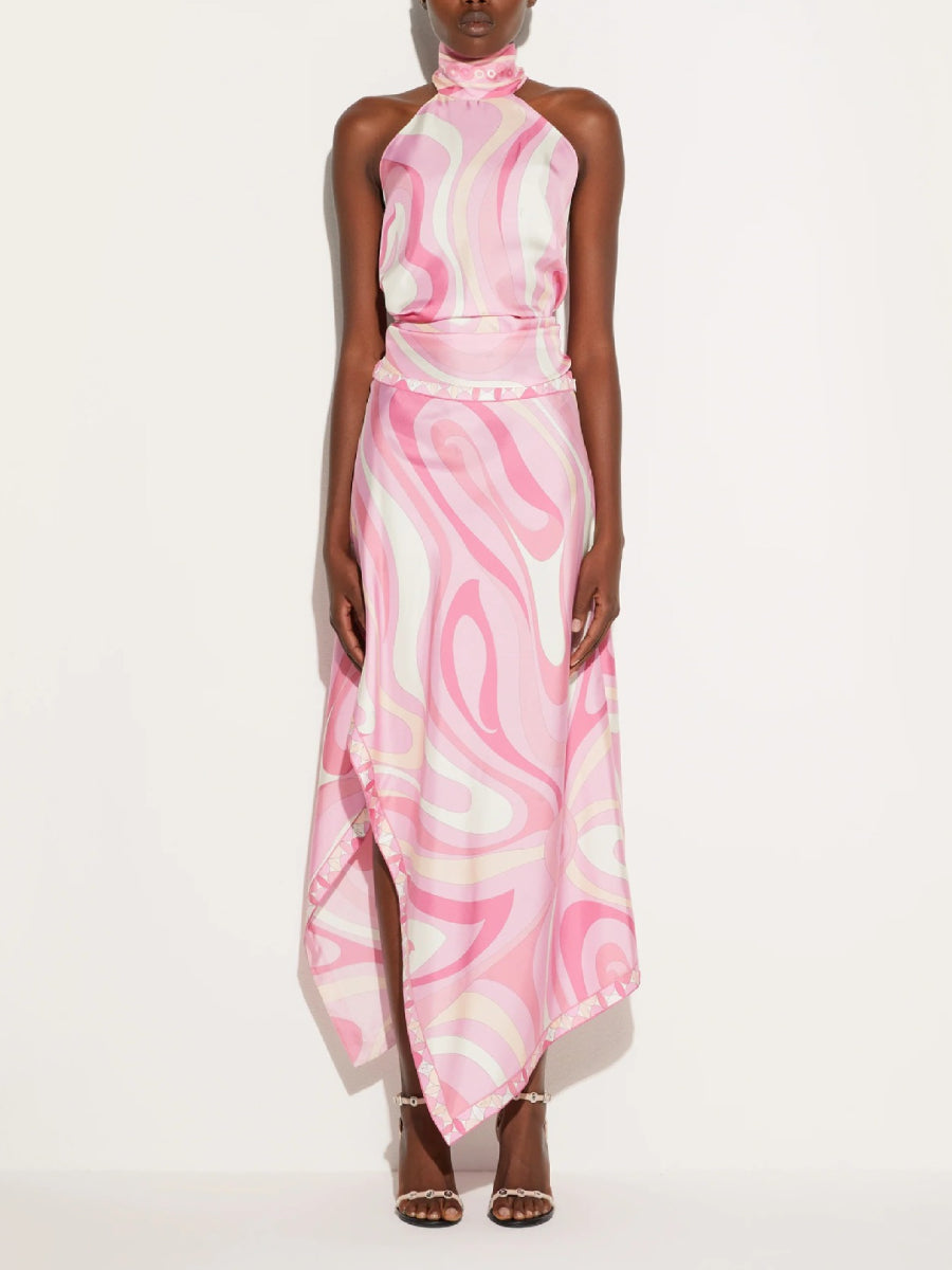 Pink Swirl Marble Print Halter Neck Satin Two Piece Set Asymmetrical Split Hanky Hem Midi Skirt Co Ord Main image