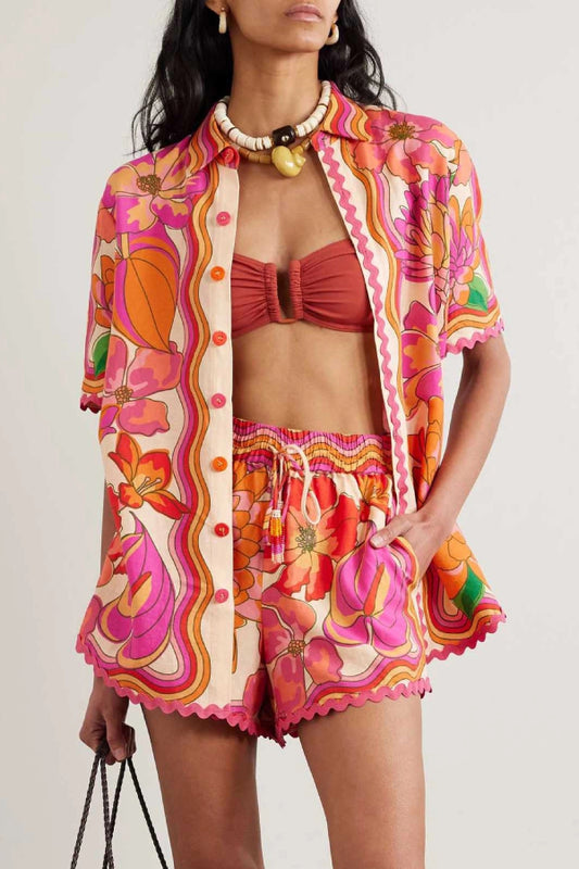 Exquisite Abstract Hibiscus Tropical Floral Print Two-piece Set
