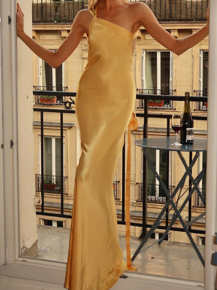 Women Glossy Silk Square Neck Single Spaghetti Strap Draped Flowy Mermaid Wedding Guest Formal Dress