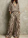 Brown White Diagonal Stripe Bohemian Two Piece Pants Set