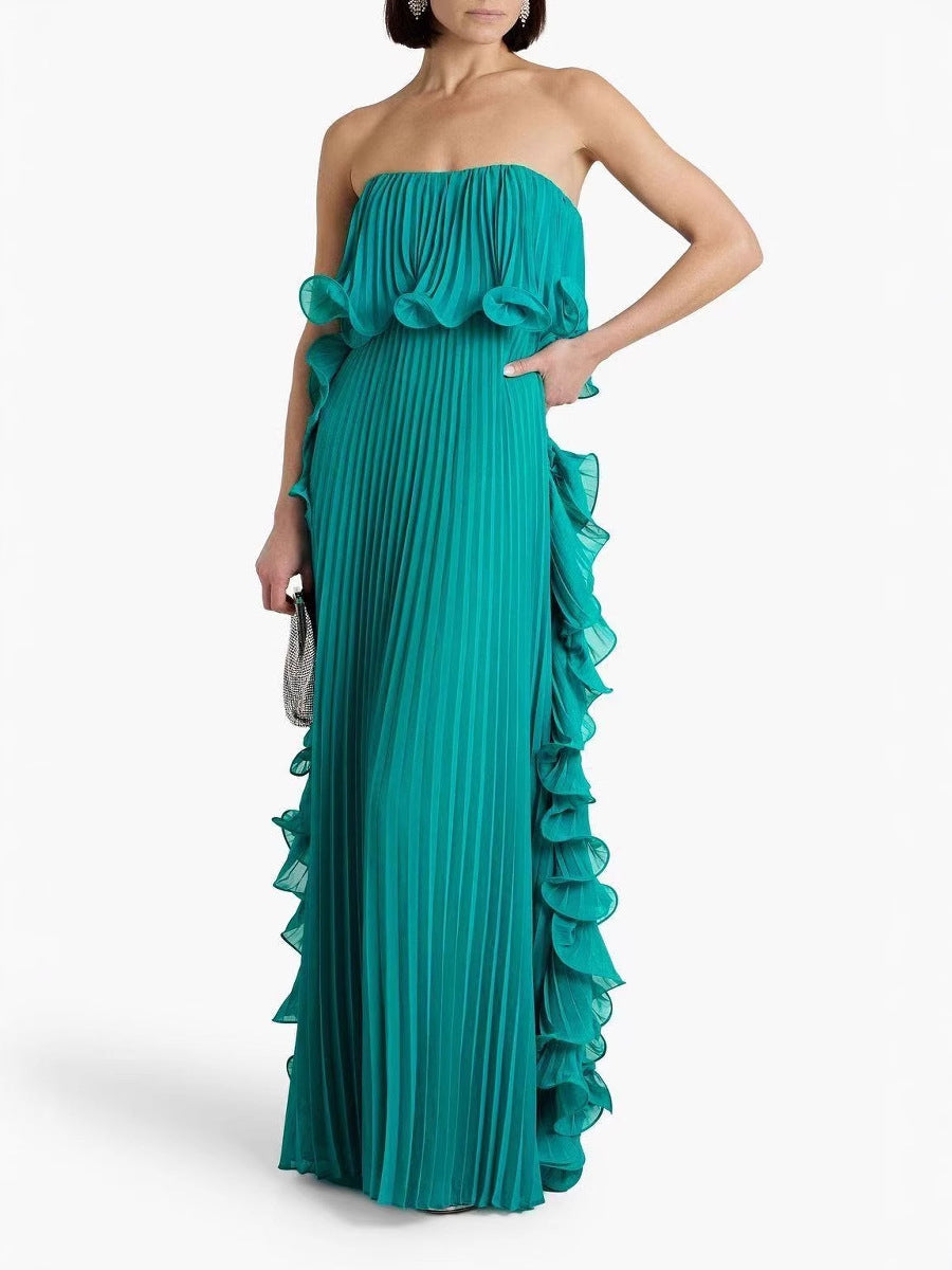 Elegant Off Shoulder Free Bust Ruffle Hem Pleated Sheer Chiffon Floor Length Party Dress