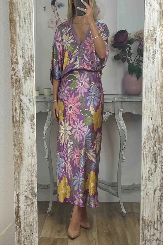 Exquisite Satin Floral Print Off-shoulder Shirt and Fishtail Skirt