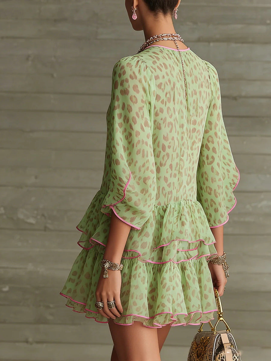 Mint Green Leopard Print Pink Contrast Binding 3/4 Puff Sleeve Tiered Ruffle Chiffon Mini Dress