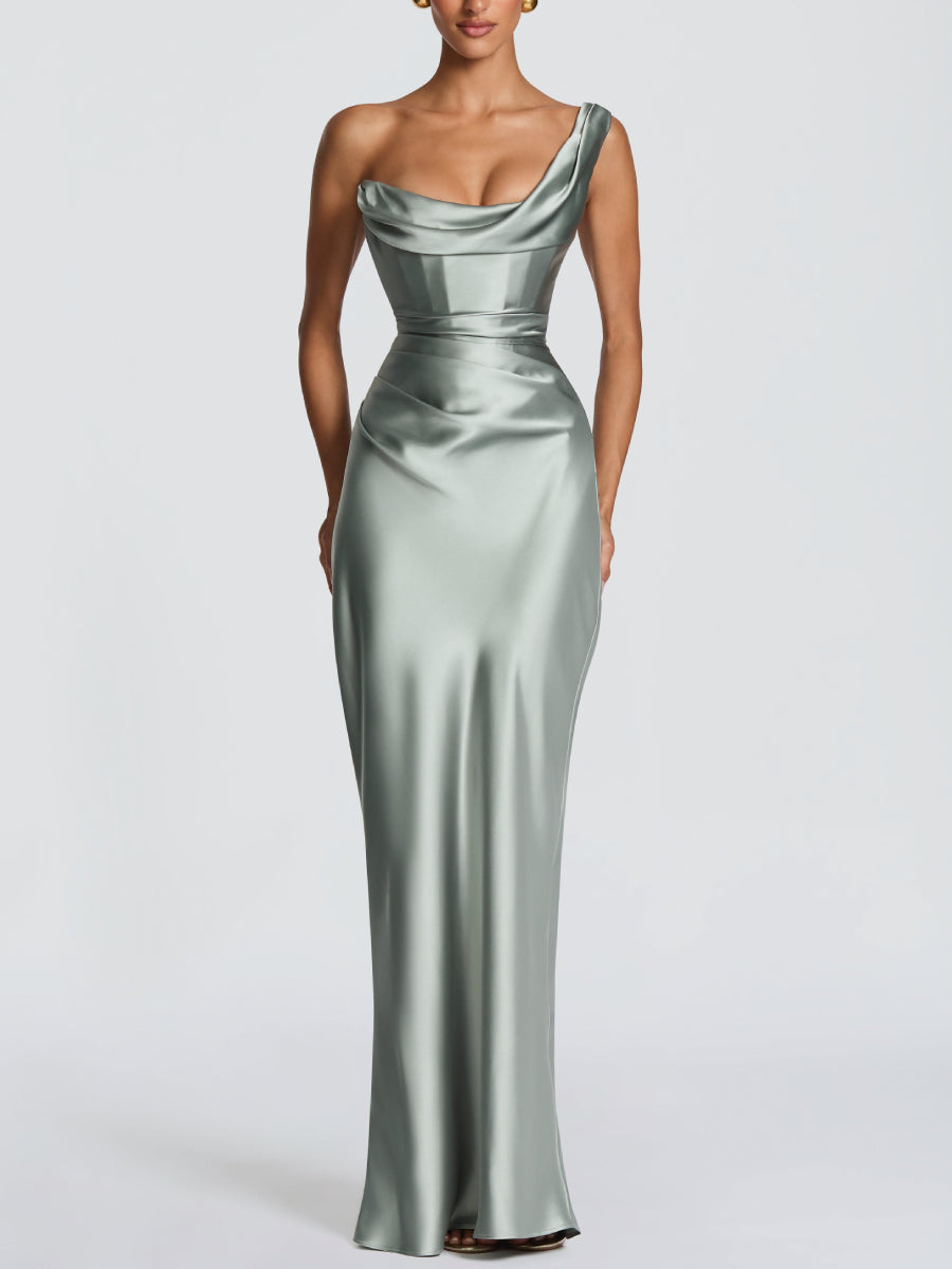 One Shoulder Cowl Neck Boned Corset Ruched Satin Mermaid Maxi  Dress