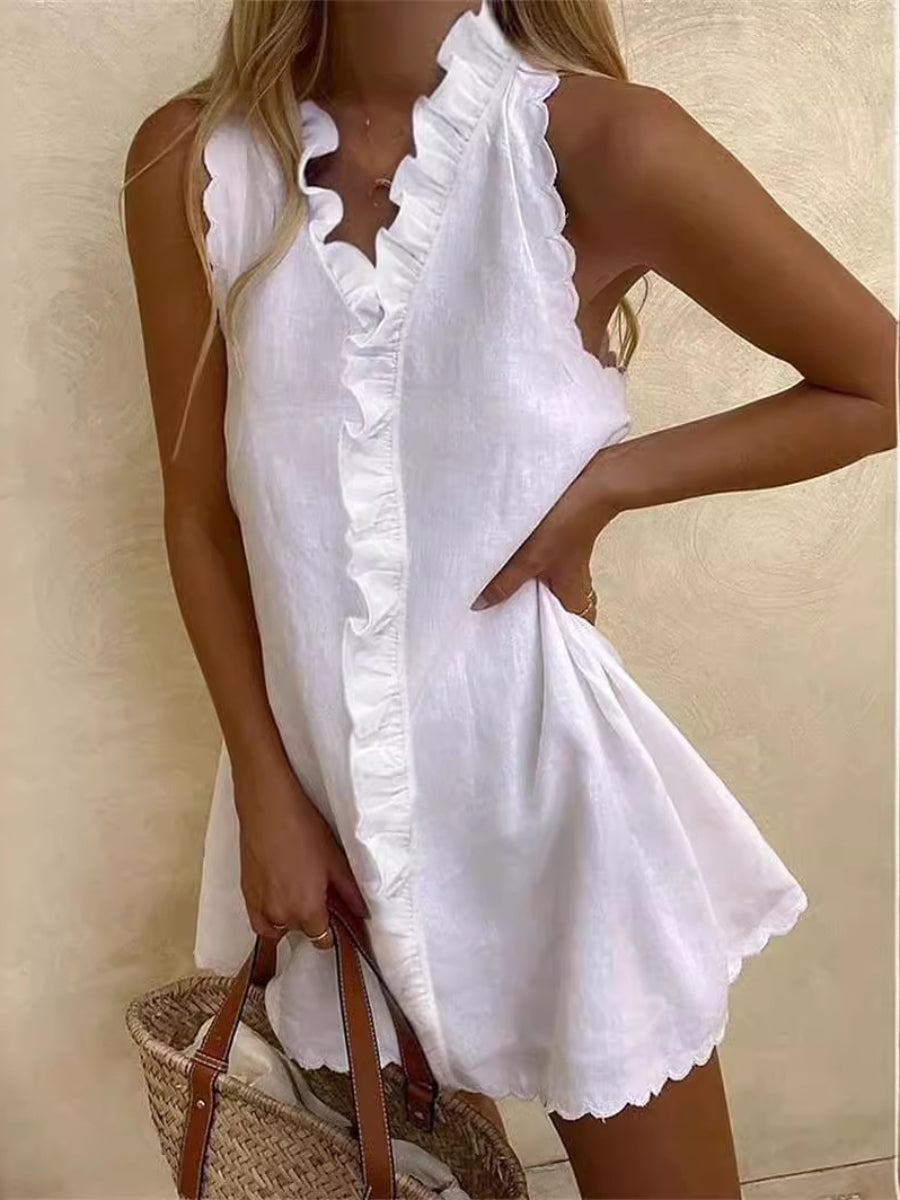 Linen Ruffle V Neck Scalloped Sleeveless Mini Dress Main image