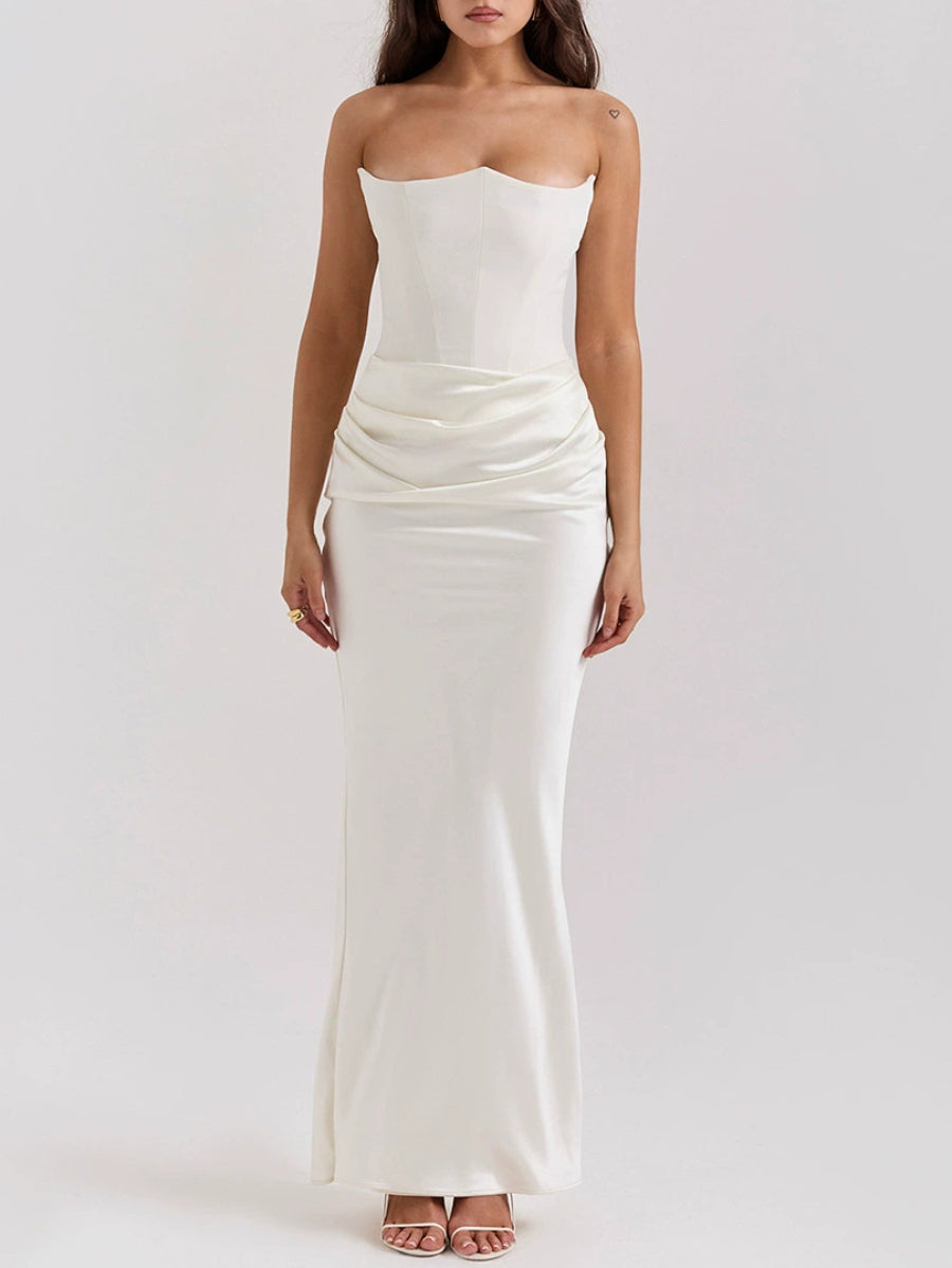 Slim Sculpted Waist Backless Strapless Scallop Bust Draped Satin Mermaid Maxi Dress Secondary image