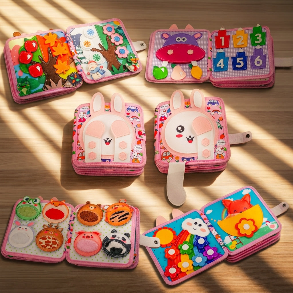 Pink Rabbit Quiet Book — Squeaky Fox, Sensory Animals & Four Seasons