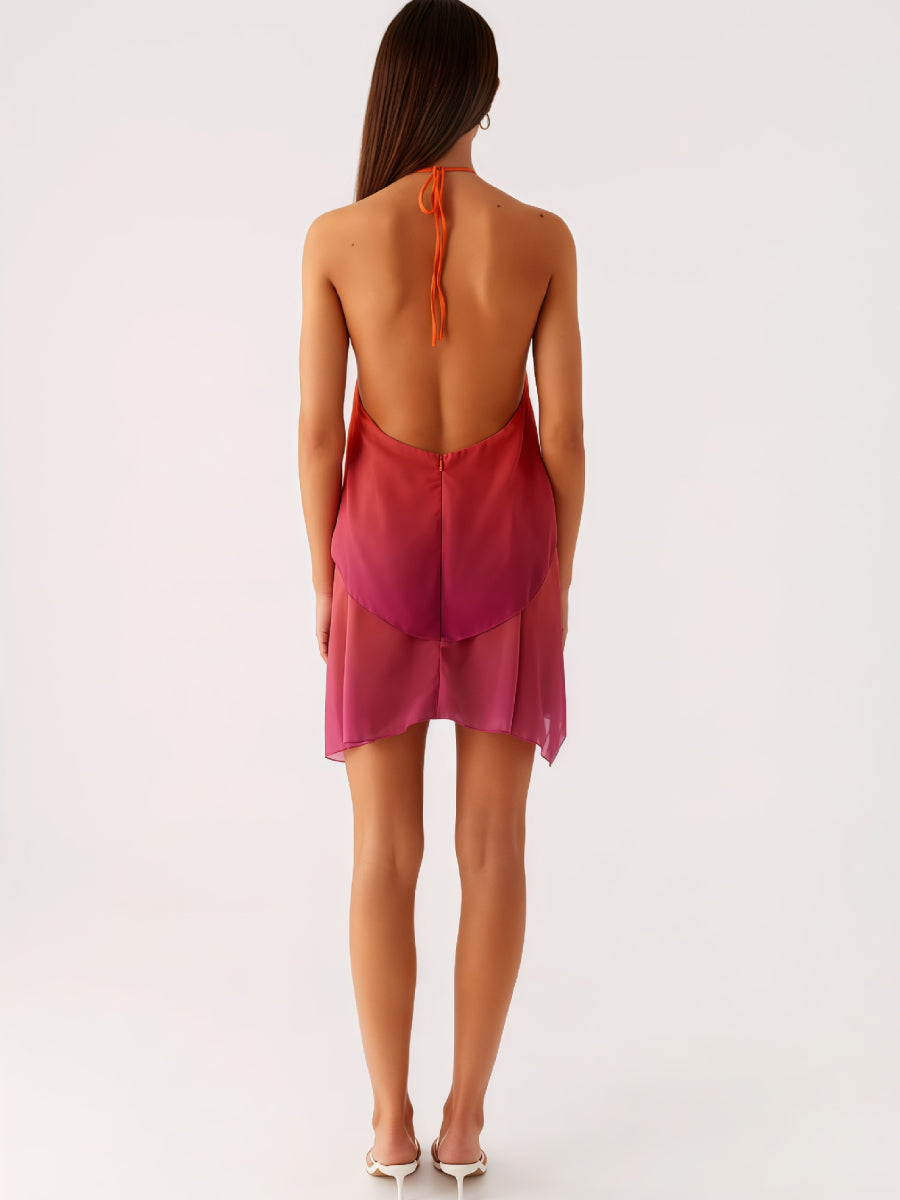 Halter Strap Gradient Color Double Layer Flowy Mini Cocktail Dress