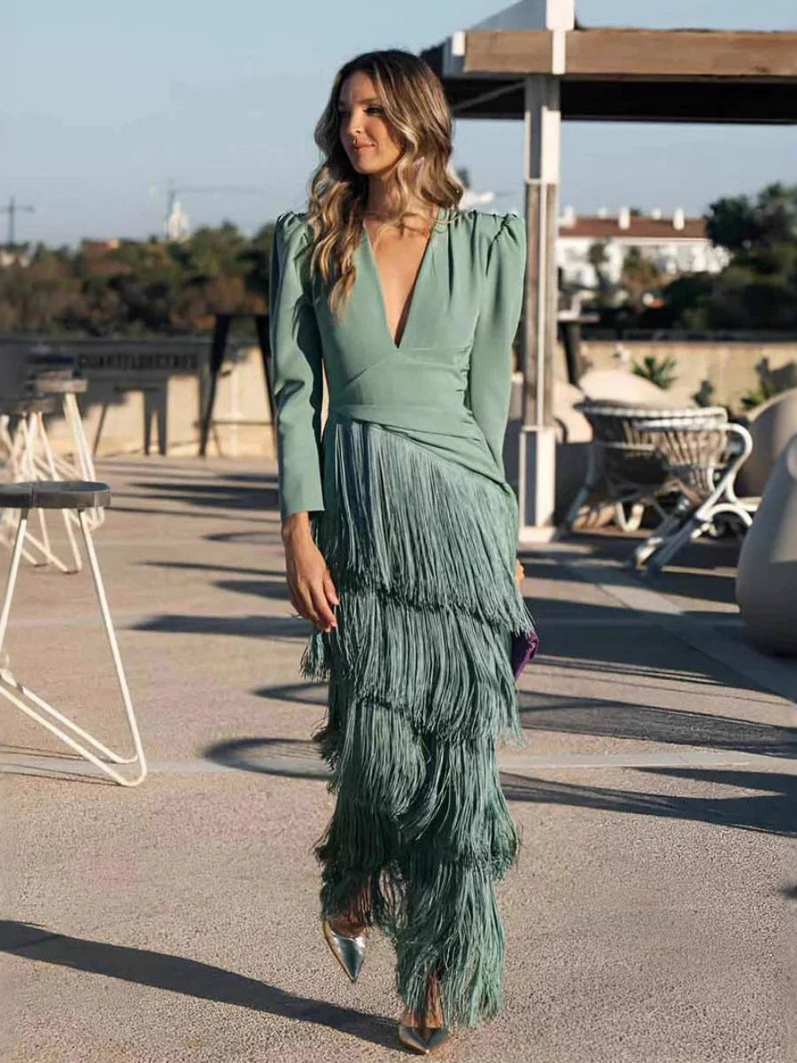 Puff Sleeve Deep V Wrap Waist Multi-Layer Fringe Midi Party Dress