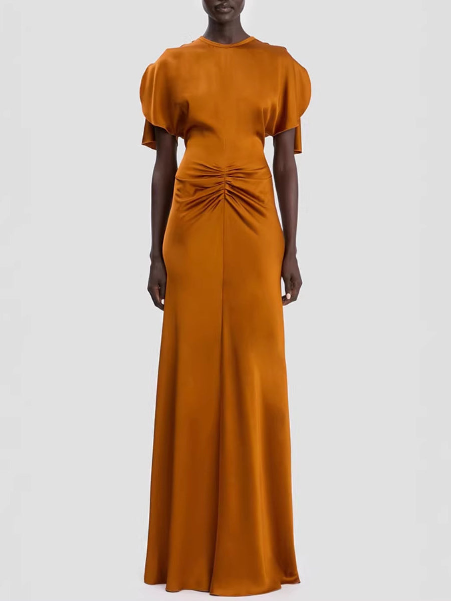 Women's Burnt Orange Satin Maxi Dress - Ruffle Sleeve Ruched Waist Formal Gown for Wedding Guest & Evening Events