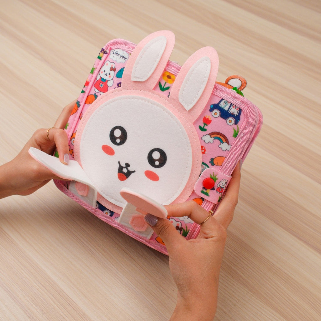 Pink Rabbit Quiet Book — Squeaky Fox, Sensory Animals & Four Seasons